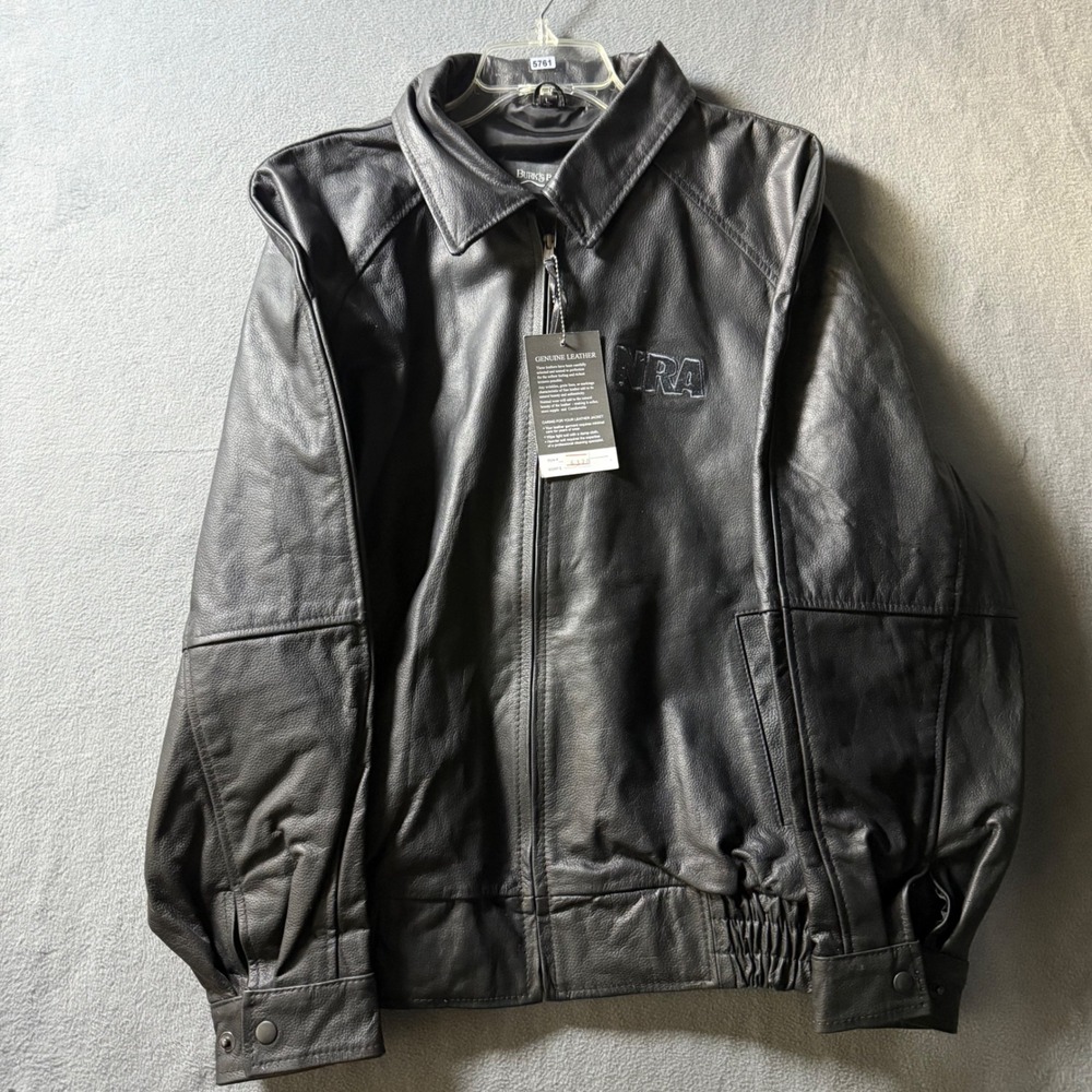 Burks Bay Mens Black Genuine Leather NRA Logo Bomber Jacket Large NWT
